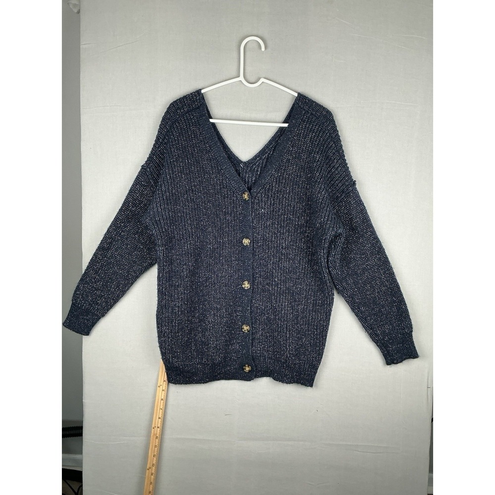 Pink Rose 1X Blue‎ Marled Button Front V-Neck Cardigan Sweater